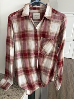 Abercrombie & Fitch Red and Ivory Plaid Flannel Shirt